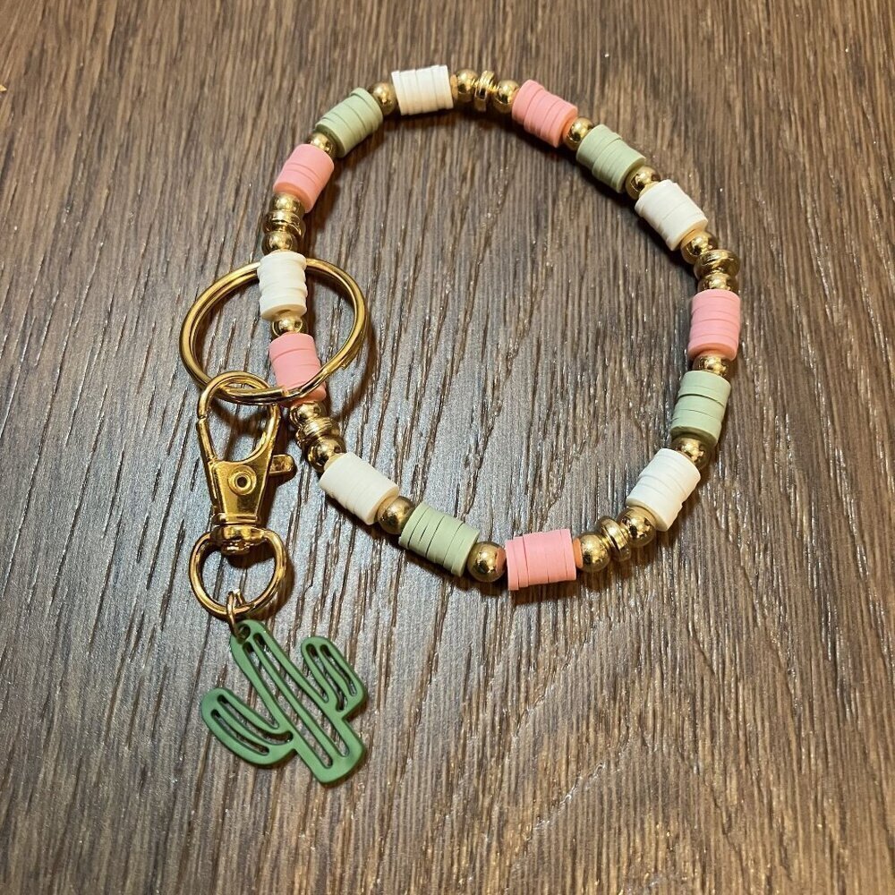 Handmade New Pink/Green/White/Gold Bead Wristlet Keychain with Cactus Charm